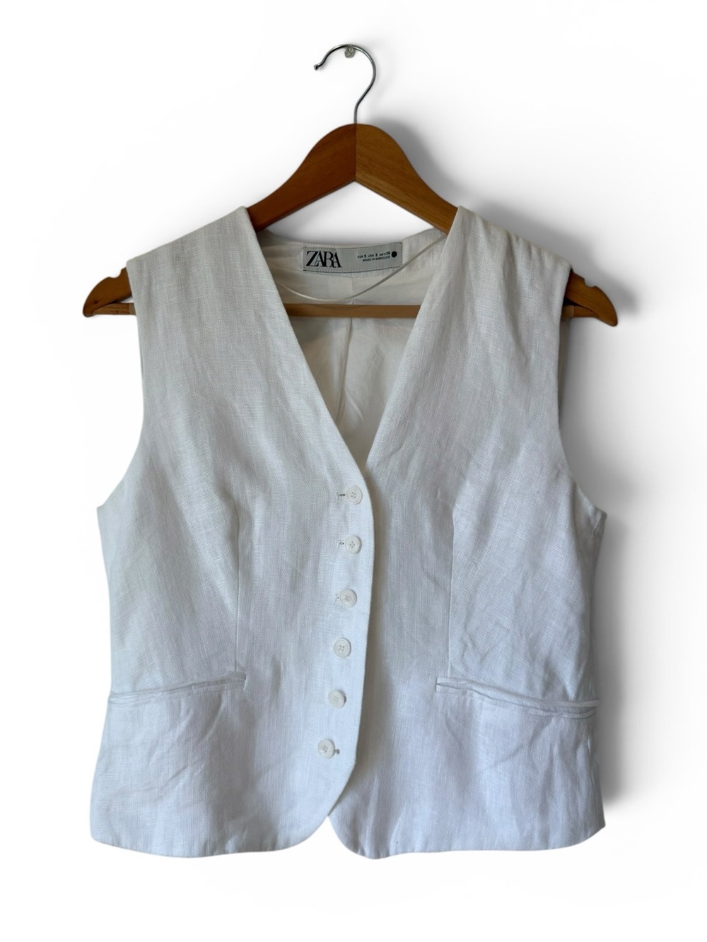 Zara White Linen Tailored Button Front Waistcoat Vest Women's Size Small